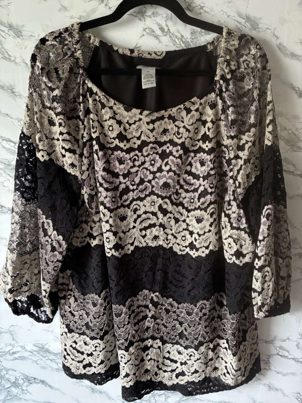 Catherines 1X Black/Gray Lace Overlay Tunic Top